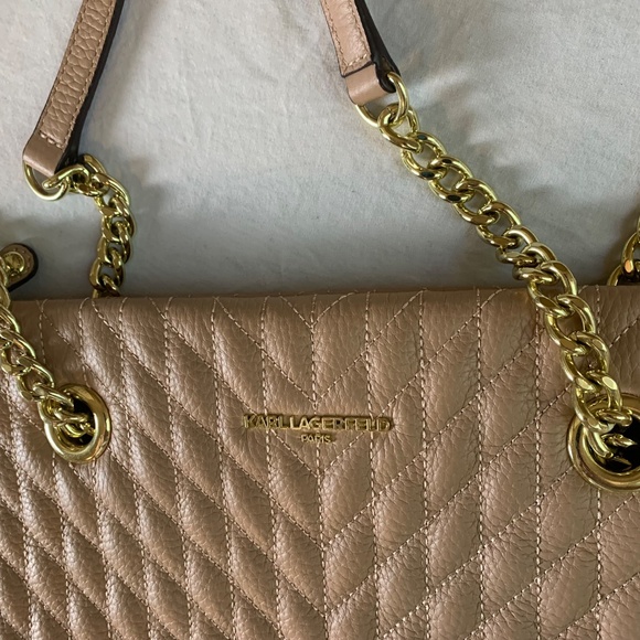 Karl Lagerfeld Paris Karolina Leather Tote Bag Tan Quilted Gold Chain Strap - Picture 15 of 15